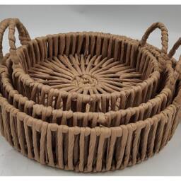 Lemon Pavilion Furniture and Decor Large Loop Handle Round Trays (Set of 3) - Wicker in Brown - thumbnail 2