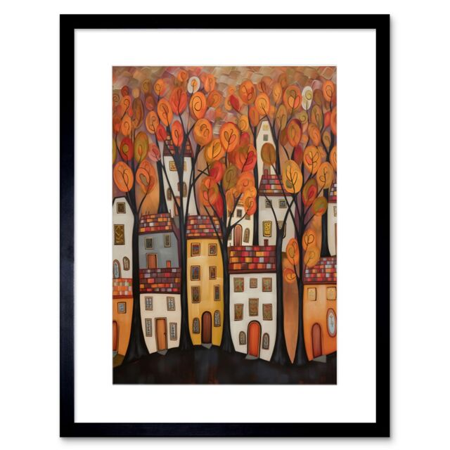 "Artery8 Wall Art Print Cityscape With Trees In Autumn Contemporary Folk Art Painting Artwork Framed 9X7 Inch in Black - Size: W7"" x H9""" - image 1