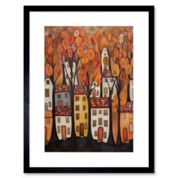 "Artery8 Wall Art Print Cityscape With Trees In Autumn Contemporary Folk Art Painting Artwork Framed 9X7 Inch in Black - Size: W7"" x H9""" - thumbnail 1