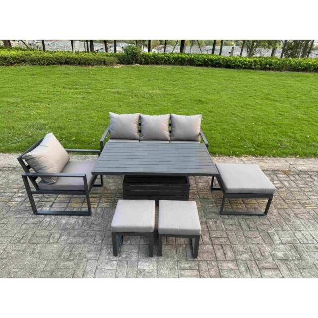 Fimous Aluminum Dining Set with Lifting Table, Chairs & 3 Footstools in Dark Grey - image 1