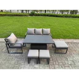 Fimous Aluminum Dining Set with Lifting Table, Chairs & 3 Footstools in Dark Grey - thumbnail 1