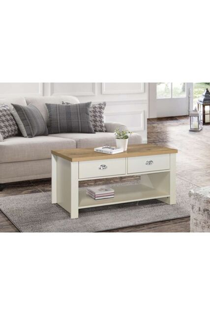Birlea Coffee Table Blue & Oak Highgate 2 Drawer Farmhouse Shabby Chic in Cream - image 1
