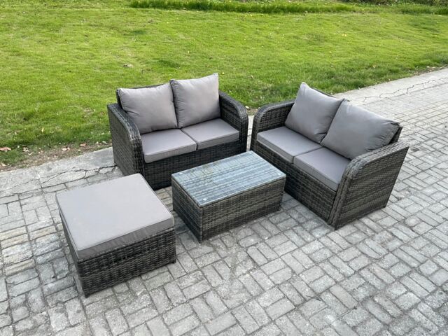 Fimous Outdoor Lounge Sofa Set Rattan Garden Furniture Set with Rectangular Coffee Table Big Footstool Dark Grey Mixed - image 1
