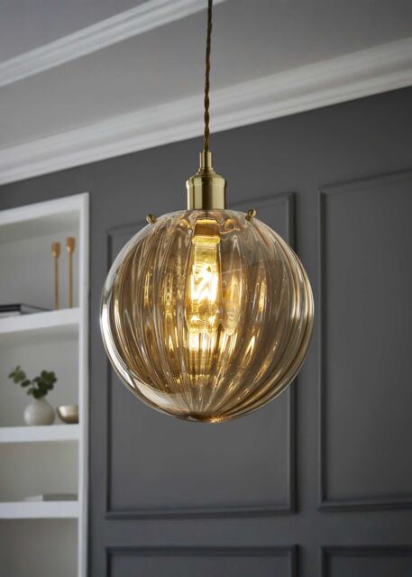 ValueLights Chessy Ribbed Glass Globe Easy Fit Lamp Shade with LED Bulb in Gold - image 1