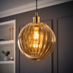ValueLights Chessy Ribbed Glass Globe Easy Fit Lamp Shade with LED Bulb in Gold - thumbnail 3