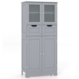 Gymax Tall Bathroom Cabinet Double Door Floor Cabinet With 2 Drawers in Grey