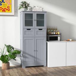 Gymax Tall Bathroom Cabinet Double Door Floor Cabinet With 2 Drawers in Grey - thumbnail 3