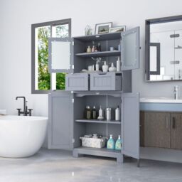 Gymax Tall Bathroom Cabinet Double Door Floor Cabinet With 2 Drawers in Grey - thumbnail 4