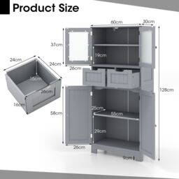 Gymax Tall Bathroom Cabinet Double Door Floor Cabinet With 2 Drawers in Grey - thumbnail 2