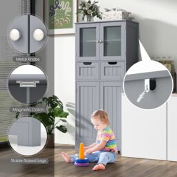 Gymax Tall Bathroom Cabinet Double Door Floor Cabinet With 2 Drawers in Grey - thumbnail 5