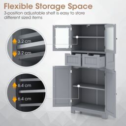 Gymax Tall Bathroom Cabinet Double Door Floor Cabinet With 2 Drawers in Grey - thumbnail 6