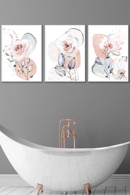 ARTZE Set of 3 White Framed Abstract Blush Pink Botanical Wall Art in Light Pink - Size: W33 cm x H45 cm x D20mm - image 1