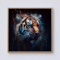 Warren Reed - Designer Tiger Face Splashart Dark Background Framed Canvas in Light Brown - Size: w40 inch x h40 inch - thumbnail 1
