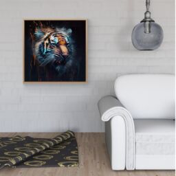 Warren Reed - Designer Tiger Face Splashart Dark Background Framed Canvas in Light Brown - Size: w40 inch x h40 inch - thumbnail 2