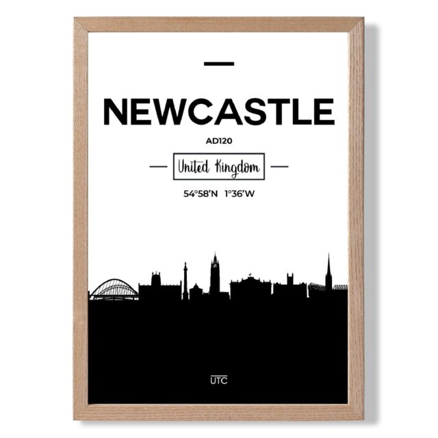 ARTZE Newcastle Black & White City Skyline Framed Print SIZE: A3 with Oak Frame - image 1