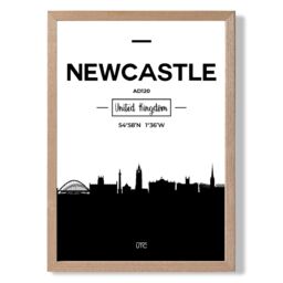 ARTZE Newcastle Black & White City Skyline Framed Print SIZE: A3 with Oak Frame - thumbnail 1