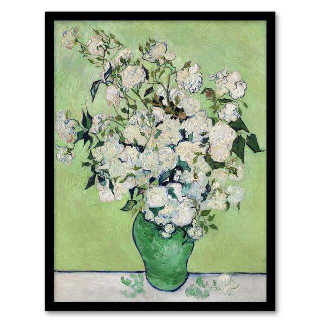 Artery8 White Roses In Green Vase Van Gogh Vintage Framed Wall Art Print - Size: A4 - image 1