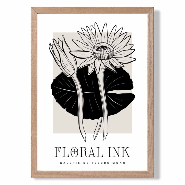 ARTZE Water Lillies in Black & Beige Floral Ink Sketch Framed Print SIZE: A2 with Oak Frame - Size: A4 - image 1