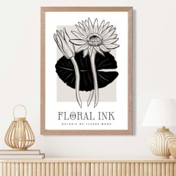 ARTZE Water Lillies in Black & Beige Floral Ink Sketch Framed Print SIZE: A2 with Oak Frame - Size: A4 - thumbnail 2