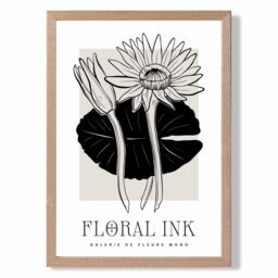 ARTZE Water Lillies in Black & Beige Floral Ink Sketch Framed Print SIZE: A2 with Oak Frame - Size: A4