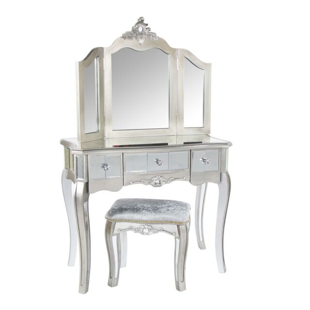 Melody Maison Ornate Mirrored 3 Drawer Dressing Table, Stool & Mirror Bedroom Furniture Set - Tiffany Range in Metallic Silver - image 1