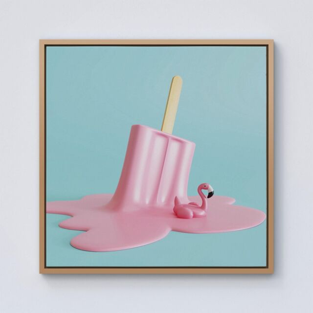 Warren Reed - Designer Flamingo Ice Cream Framed Canvas in Light Brown - Size: w40 inch x h40 inch - image 1