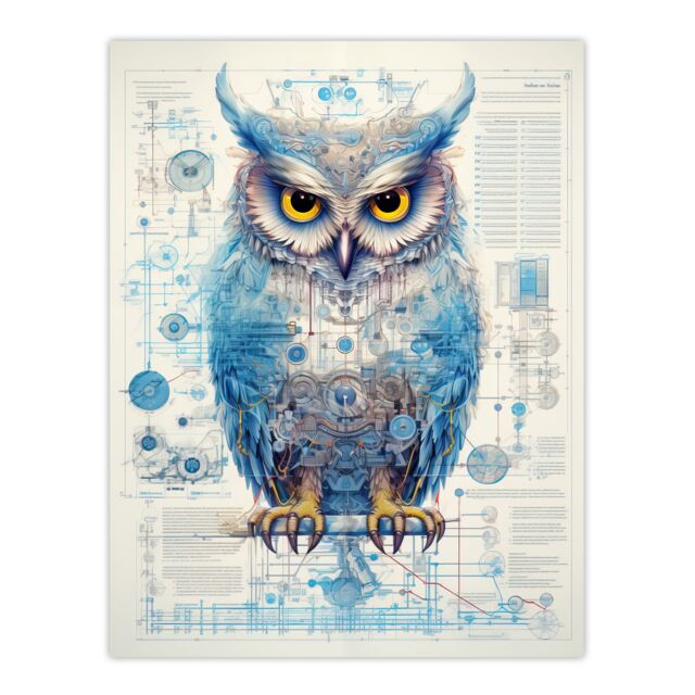 Artery8 Wall Art Print Owl Robot Hybrid Secret Military Schematic Blue Futuristic Complex Arcane Manuscript Gift For Him Man Cave Poster - image 1