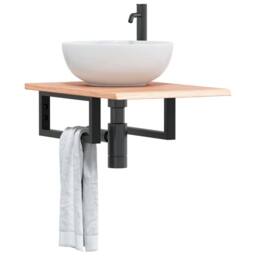 Berkfield Home Basin Shelf Wall Mounted Steel & Solid Wood Oak in Light Brown - thumbnail 2