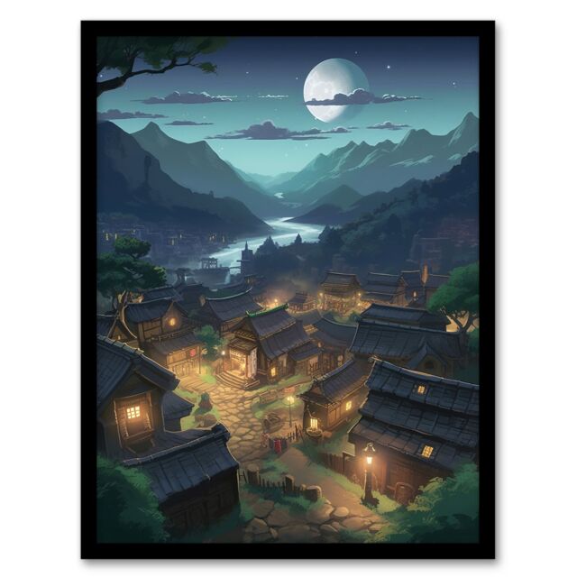 Artery8 Wall Art Print Full Moon Over Peaceful Village w/ Traditional Chalet Houses Painting Clear Moonlit Night Mountainside Bright Lit Windows Art - image 1