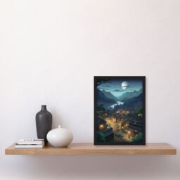 Artery8 Wall Art Print Full Moon Over Peaceful Village w/ Traditional Chalet Houses Painting Clear Moonlit Night Mountainside Bright Lit Windows Art - thumbnail 4