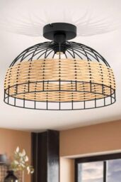 Eglo Anwick Natural Metal & Wicker 1 Light Flush Ceiling Fitting in Light Brown - thumbnail 2
