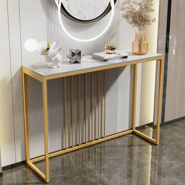 NESTLUNE Slim Hallway Console Table Marble Metal Gold - Size: 100 cm x 15 cm - image 1