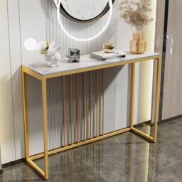NESTLUNE Slim Hallway Console Table Marble Metal Gold - Size: 100 cm x 15 cm - thumbnail 1