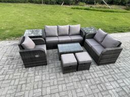 Fimous Outdoor Garden Furniture Sets 8 Pieces Wicker Rattan Furniture Sofa Sets with Rectangular Coffee Table Loveseat Sofa 2 Small Footstools - thumbnail 2
