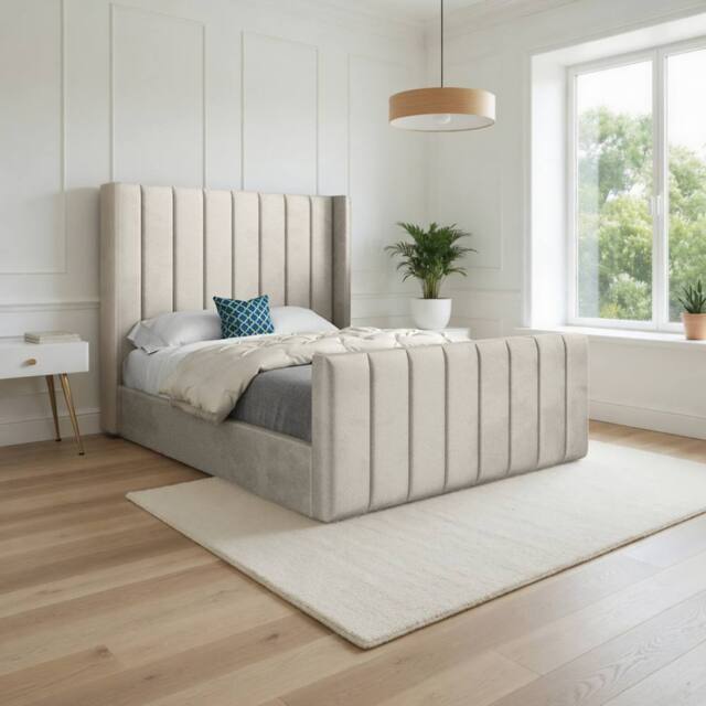 KDMD Stretton Winged Upholstered Beige Soft Velvet Designer Bed Frame in Cream - Size: Small Single - image 1