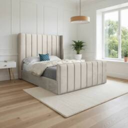 KDMD Stretton Winged Upholstered Beige Soft Velvet Designer Bed Frame in Cream - Size: Small Single - thumbnail 1