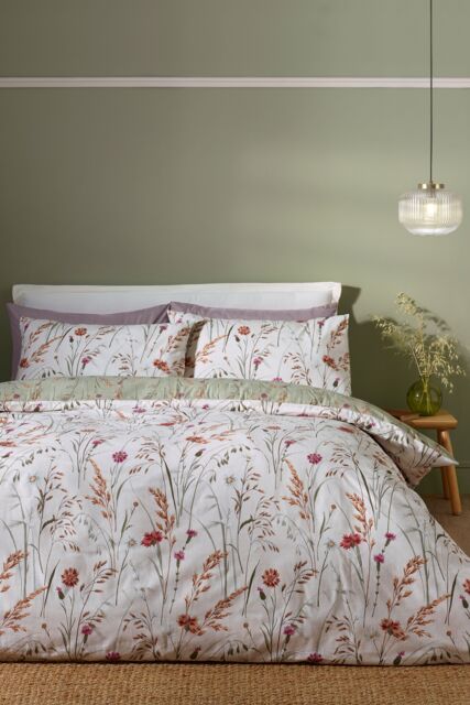 Catherine Lansfield 'Brushed Grasmere Floral' Cotton Reversible Duvet Cover Set in Green - Size: Single - image 1