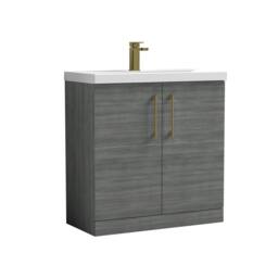 Balterley Bathroom Floor 2-Door Vanity Unit Basin, Anthracite Woodgrain, 800mm in Grey - thumbnail 1