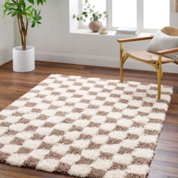 Livabliss Urban Shag-Modern Yellow Black Beige Pink Checkboard Plush Pile Living Rug in Brown - Size: 200 cm x 290 cm - thumbnail 7