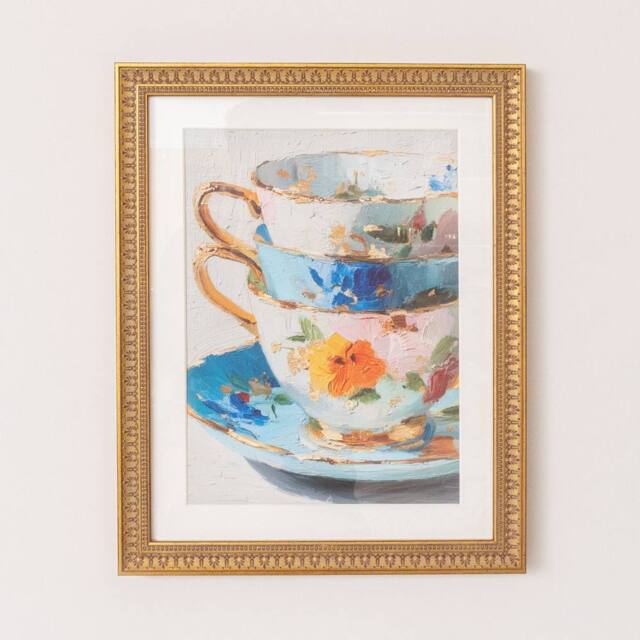 Melody Maison Multicoloured Teacup Wall Art With A Vintage Gold Frame - 40cm X 50cm - Size: 40 cm X 50 cm - image 1
