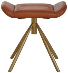 Orsina Tan Leather Footstool, Genuine Buffalo Leather Seat With Channel Detailing, Gold Finish Iron Spoke Base in Brown