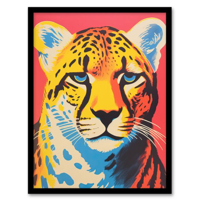Artery8 Modern Cheetah Duotone Coral Yellow Orange Bright Risograph Artwork Painting Art Print Framed Poster Wall Decor in Black - Size: A4 - image 1