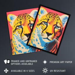 Artery8 Modern Cheetah Duotone Coral Yellow Orange Bright Risograph Artwork Painting Art Print Framed Poster Wall Decor in Black - Size: A4 - thumbnail 2