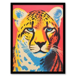 Artery8 Modern Cheetah Duotone Coral Yellow Orange Bright Risograph Artwork Painting Art Print Framed Poster Wall Decor in Black - Size: A4 - thumbnail 1