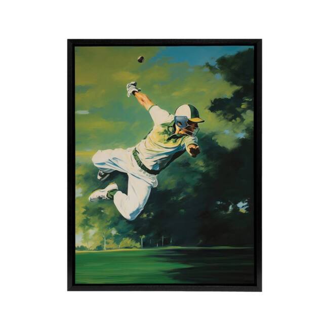 "Artery8 Cricket Match Outfield Diving Catch Framed Canvas Wall Art Print in Green - Size: W12"" x H16""" - image 1