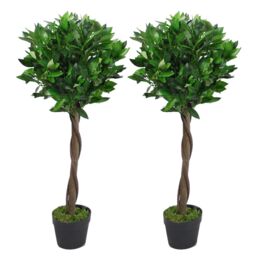 Leaf Pair of 90cm (3ft) Twisted Stem Artificial Topiary Bay Laurel Ball Trees in Green - thumbnail 1