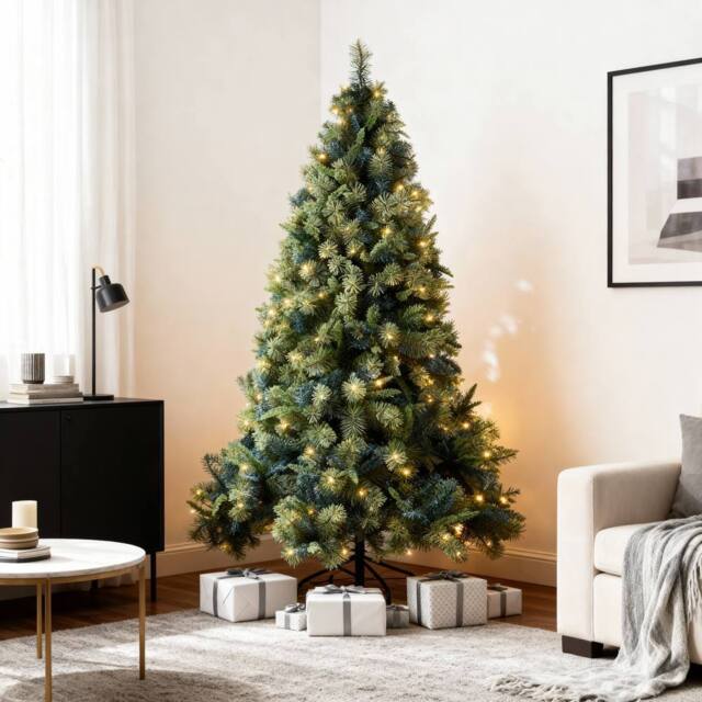 Shatchi 8FT Pre-Lit Kentucky Pine Luxurious Artificial Green Christmas Tree With Long life Energy Saving Warm White LED Lights - image 1