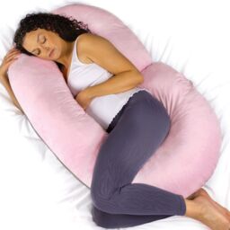 Aamira Pink & Dark Grey Pregnancy Pillow, 140x65x20cm C Shaped Shredded Memory Foam Maternity Pillow - Size: 140 x 65 x 20 cm