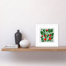 Artery8 Abstract Red Flowers Flamingo Floral Bouquet Square Wooden Framed Wall Art Print Picture 8X8 Inch in White - thumbnail 2
