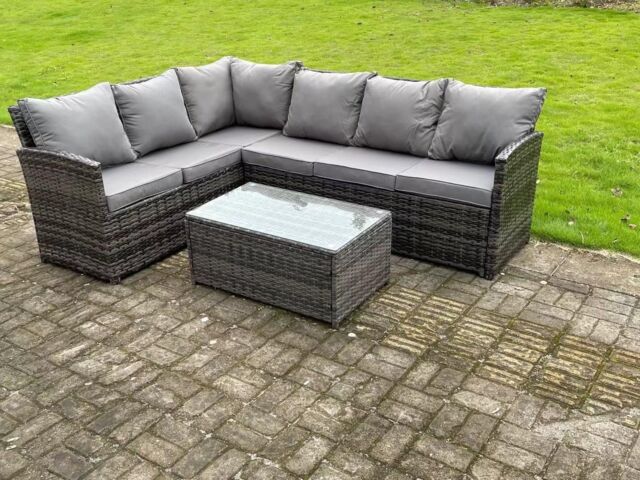 Fimous High Back Rattan Corner Sofa Set Outdoor Furniture Rectangular Coffee Table 6 Seater in Dark Grey - image 1